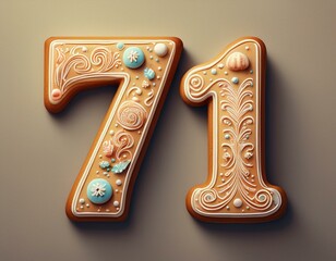 Decorated cookie, number 71, image for birthday or anniversary celebration