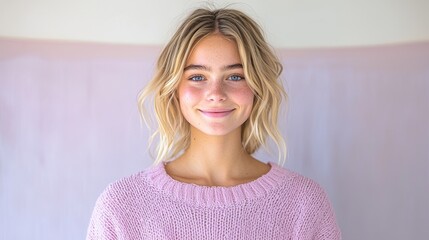 Bright and cheerful portrait of a young woman with natural beauty and radiant smile in soft pink sweater setting