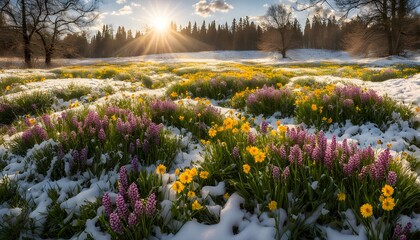 A meadow transitioning from winter snow to vibrant spring flowers with the sun casting warm light, Ai Generated