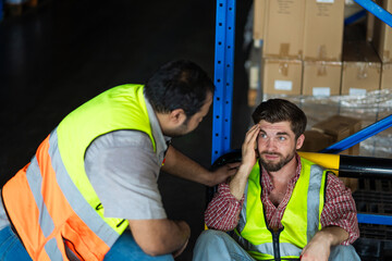 two men in safety vests are talking to each other. one of them is crying. scene is sad and serious