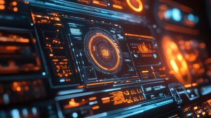 Poster - Futuristic interface displaying data metrics and visualizations in a dark theme.