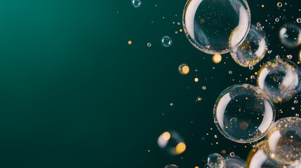 Poster - Bubbles floating gracefully in the air, captured against a dark green background with soft highlights of light particles