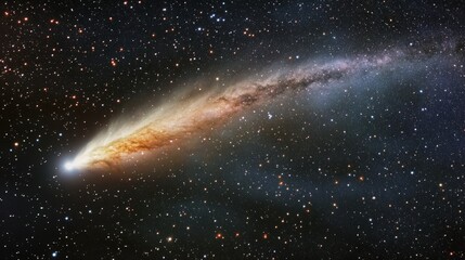 Wall Mural - Burning comet tail streaking across the night sky, surrounded by bright stars and deep nebulae generative ai