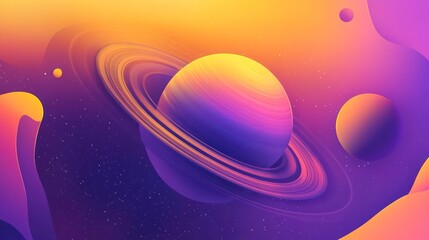 Poster - A vibrant depiction of a planet with rings, surrounded by cosmic elements and stars.