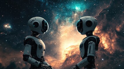 Poster - Two robots communicating outside a space station, with galaxies in the background.