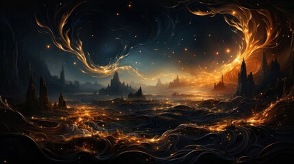 Wall Mural - a mystical landscape illuminated by swirling lights and dark mountains under a starry sky.