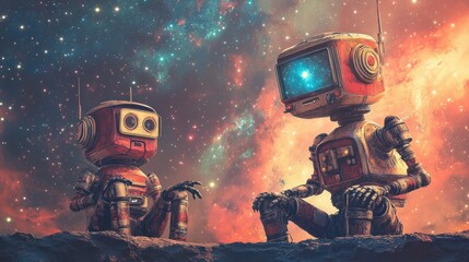 Poster - Two robots communicating outside a space station, with galaxies in the background.