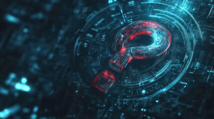 Aufkleber - A digital question mark surrounded by abstract technology elements.