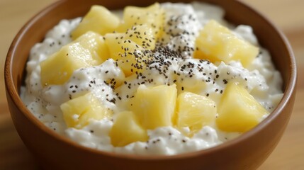 Aufkleber - A bowl of cottage cheese topped with pineapple chunks and poppy seeds.