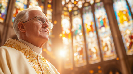 Reverence and Light: A portrait of a dignified priest, bathed in the warm glow of stained glass, captures the solemnity and spirituality of a sacred space.  