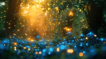 Canvas Print - A magical forest scene with glowing lights and butterflies amidst vibrant blue flowers.