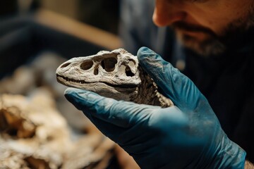Aufkleber - A scientist carefully examines a prehistoric skull fossil, holding it gently in blue gloves, showcasing intricate details of ancient bone structure and preservation techniques.