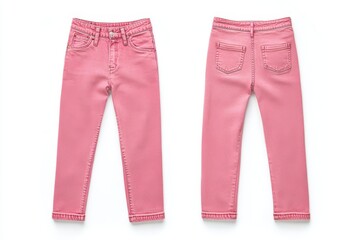 Pink classic jeans, front and back view, isolated on white background