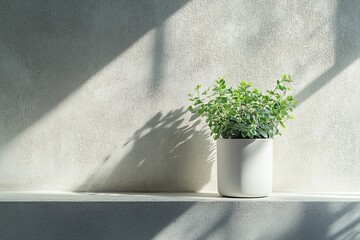 Fototapete - a potted plant sits on a sunlit minimalist wall shelf casting a shadow, representing simple elegance