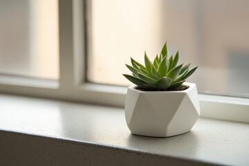 Poster - A geometric pot containing a lush succulent rests on a bright windowsill, symbolizing harmony between natural elements and contemporary design aesthetics.