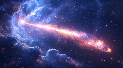Wall Mural - Burning comet tail streaking across the night sky, surrounded by bright stars and deep nebulae generative ai