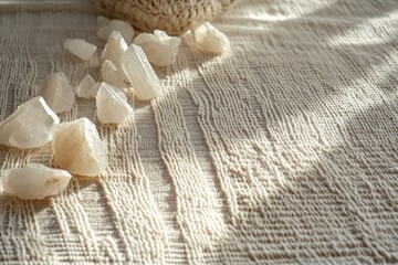Poster - A collection of white crystals is elegantly arranged on a textured woven fabric surface, reflecting light beautifully, creating a serene natural ambiance.