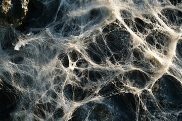 Poster - The image depicts an intricately woven web structure, highlighting the organic and natural complexity, with delicate strands forming an abstract, artistic pattern.
