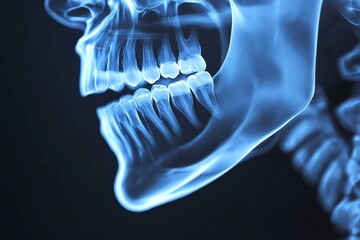 Aufkleber - This illuminated x-ray image beautifully captures the human skull and jawbone against a striking background, highlighting the intricate bone structure.