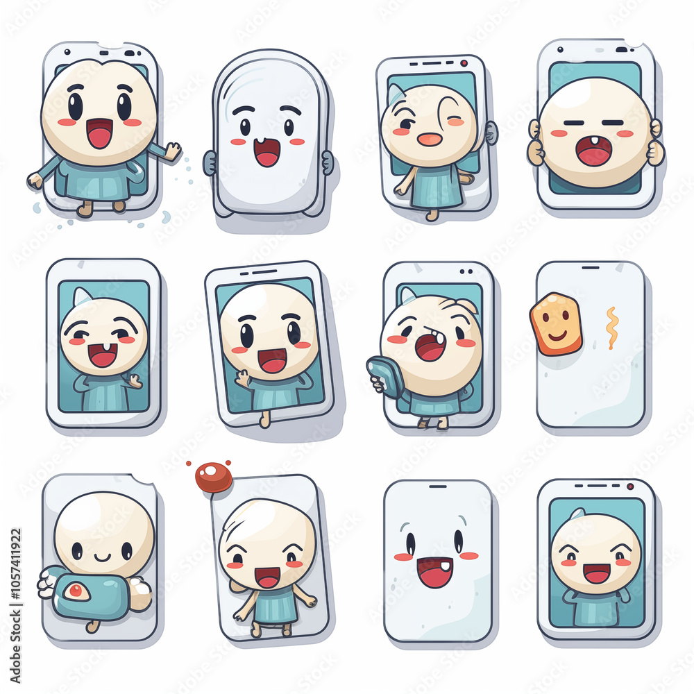 Small Phone Sticker Animation Cute Smart Phone sticker pack in a cartoon style Stock Photo | Adobe Stock