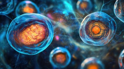Poster - Abstract image symbolizing regenerative biotech, with glowing cells regenerating under a vibrant, dynamic light pattern