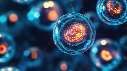Poster - Abstract image symbolizing regenerative biotech, with glowing cells regenerating under a vibrant, dynamic light pattern