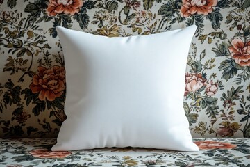 White pillow mockup on floral patterned background