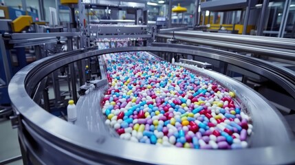 Poster - Automated production line in pharmaceutical plant, producing pills with advanced technology