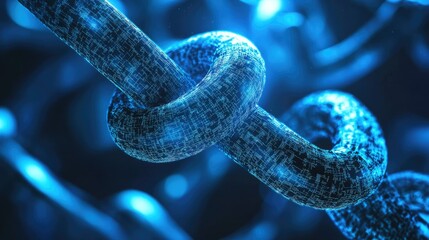 Poster - Blockchain nodes connected to personalized medicine elements; concept image in blue tones