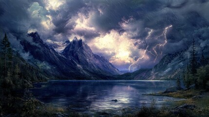  A brewing storm above a mountain lake, with waves and dark clouds, lightning illuminating the scene generative ai