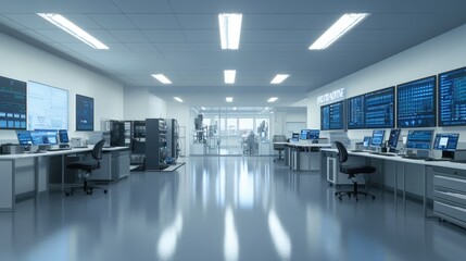 Aufkleber - Cleanroom environment for medical electronics, engineers monitor development screens with infographics