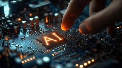 Poster - A close-up of a circuit board with a glowing 'AI' symbol, representing artificial intelligence.