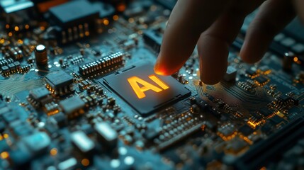 Poster - A hand pressing an illuminated AI chip on a circuit board, symbolizing technology and innovation.