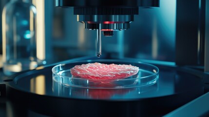Poster - Close-up of a synthetic tissue sample in a petri dish under high-tech lab equipment