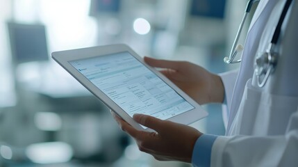 Poster - Close-up of hands holding a tablet displaying an electronic medical record, with healthcare symbols in background