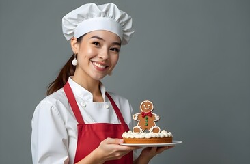 Korean Chef baker woman with Christmas tart decorated gingerbread on light background and free space for text 
