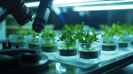 Poster - Close-up of synthetic tissue culture with researchers analyzing under advanced lab microscopes