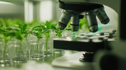 Poster - Close-up of synthetic tissue culture with researchers analyzing under advanced lab microscopes