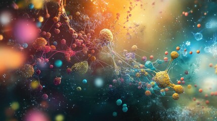 Poster - Conceptual image of biotech regeneration, showing cells and molecular structures in vivid color gradients