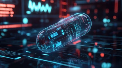 Aufkleber - Digital medicine pill with AI tech overlay, futuristic healthcare symbols in background