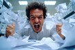 © Manuel - An office worker vents frustration, surrounded by flying papers in a cluttered workspace, expressing stress and tension common in modern work environments.