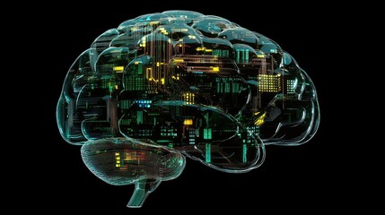 Poster - Futuristic human brain connected to artificial intelligence system, representing data analysis