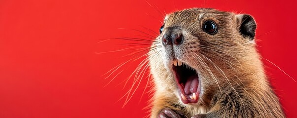 Cute baby beaver with a funny shocked face, wide eyes and open mouth, against a red background, lively and fun