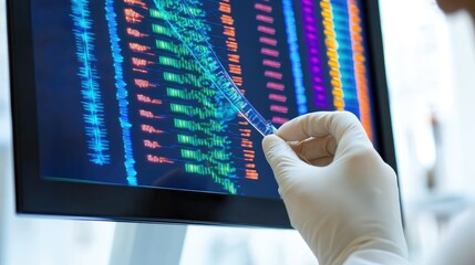 Poster - Laboratory environment with medical researchers examining DNA strands and genetic material on a computer screen