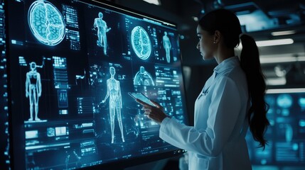 Poster - Medical diagnosis with AI, doctor reviewing patient results on interactive digital display