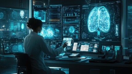 Poster - Medical diagnosis with AI, doctor reviewing patient results on interactive digital display