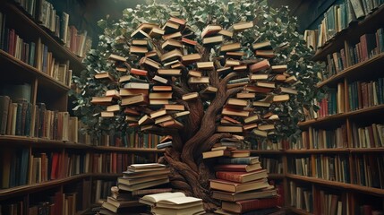 Aufkleber - A whimsical tree made of books in a library, symbolizing knowledge and imagination.