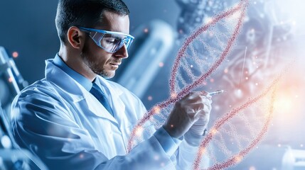 Poster - Medical professional analyzing DNA in a high-tech lab with modern research equipment and digital data