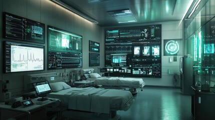 Poster - Modern hospital room with electronic medical records displayed on multiple screens for diagnosis