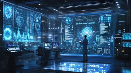 Poster - Modern lab with a medical scientist reviewing DNA samples and scientific data on advanced digital screens